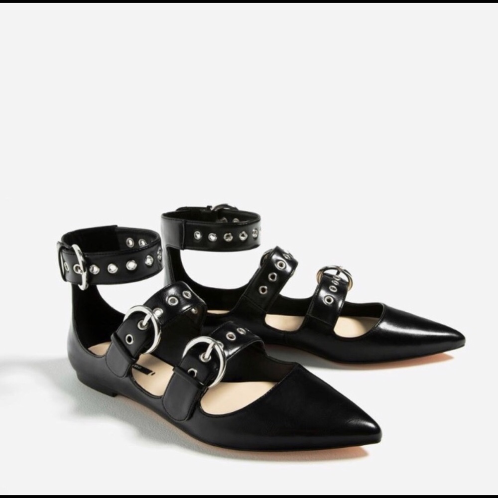 Zara Black Buckled Pointed Flats